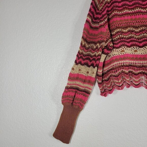 Zara Cropped Knit Sweater Women Size Large Pink Stripes Scallop Hem Boho Hippie - Picture 4 of 11